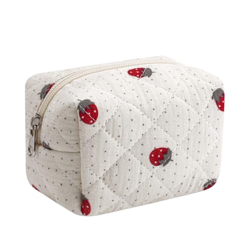 Niedliche Mini-Kosmetiktasche aus Baumwolle für Geldbörse, federleichte kleine gesteppte Make-up-Tasche mit Reißverschluss, Lippenstift-Beutel, Organizer für Damen und Mädchen, 01 Strawberry von uekeboag