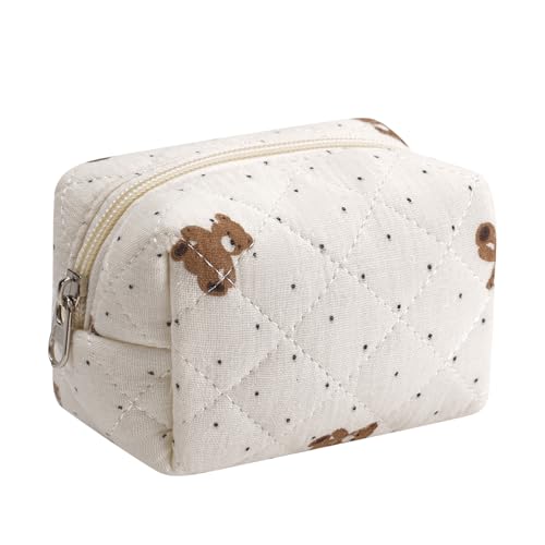 Niedliche Mini-Kosmetiktasche aus Baumwolle für Geldbörse, federleichte kleine gesteppte Make-up-Tasche mit Reißverschluss, Lippenstift-Beutel, Organizer für Damen und Mädchen, 02Kleiner Bär von uekeboag
