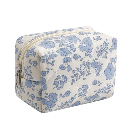 Niedliche Mini-Kosmetiktasche aus Baumwolle für Geldbörse, federleichte kleine gesteppte Make-up-Tasche mit Reißverschluss, Lippenstift-Beutel, Organizer für Damen und Mädchen, 03 Hellblau von uekeboag