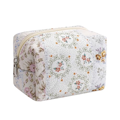 Niedliche Mini-Kosmetiktasche aus Baumwolle für Geldbörse, federleichte kleine gesteppte Make-up-Tasche mit Reißverschluss, Lippenstift-Beutel, Organizer für Damen und Mädchen, 04Spring Flower von uekeboag