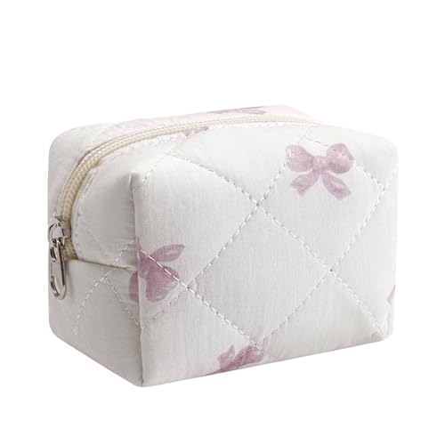 Niedliche Mini-Kosmetiktasche aus Baumwolle für Geldbörse, federleichte kleine gesteppte Make-up-Tasche mit Reißverschluss, Lippenstift-Beutel, Organizer für Damen und Mädchen, 05 weiße Schleife von uekeboag
