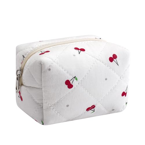 Niedliche Mini-Kosmetiktasche aus Baumwolle für Geldbörse, federleichte kleine gesteppte Make-up-Tasche mit Reißverschluss, Lippenstift-Beutel, Organizer für Damen und Mädchen, 06Cherry von uekeboag