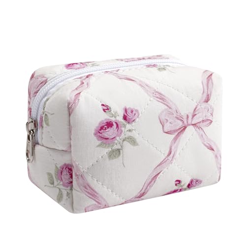Niedliche Mini-Kosmetiktasche aus Baumwolle für Geldbörse, federleichte kleine gesteppte Make-up-Tasche mit Reißverschluss, Lippenstift-Beutel, Organizer für Damen und Mädchen, 07Rosa Schleife von uekeboag