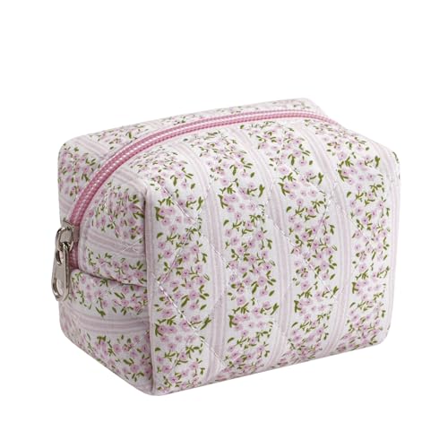 Niedliche Mini-Kosmetiktasche aus Baumwolle für Geldbörse, federleichte kleine gesteppte Make-up-Tasche mit Reißverschluss, Lippenstift-Beutel, Organizer für Damen und Mädchen, 08 Kleine rosa Blume von uekeboag