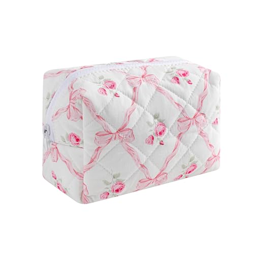 Niedliche kleine Make-up-Tasche, gestepptes Blumenmuster, Baumwolle, Kosmetiktasche mit Reißverschluss, Kawaii-Reise-Kulturbeutel für Geldbörse, 07PinkBow von uekeboag