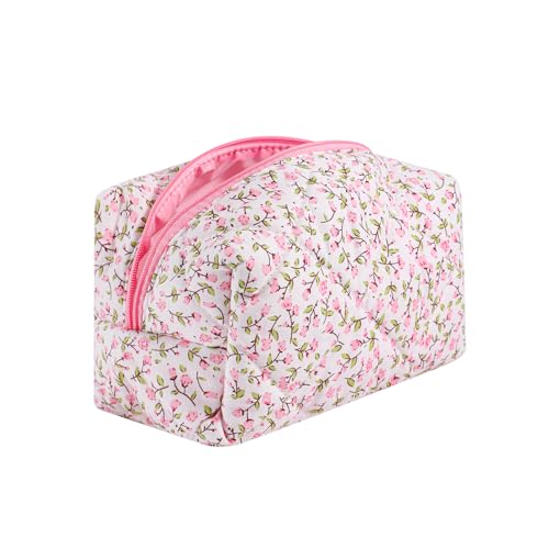 Süße kleine Make-up-Tasche aus Baumwolle, gesteppt, mit Reißverschluss, mit kokettem Bär, für Damen und Mädchen, Kawaii-Reise-Kosmetiktasche für Geldbörse, 02 Rosa Blume von uekeboag