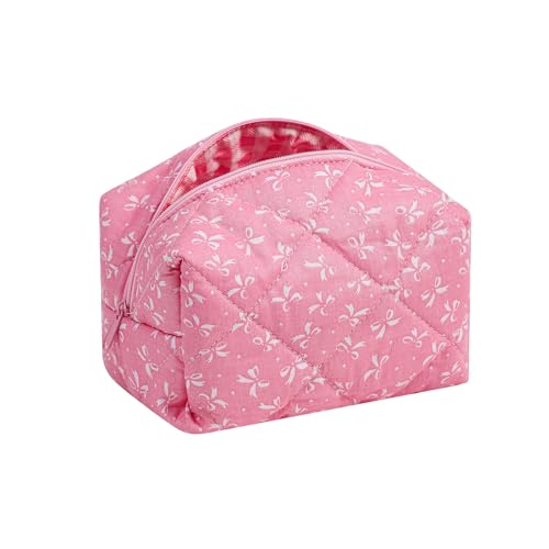 Süße kleine Make-up-Tasche aus Baumwolle, gesteppt, mit Reißverschluss, mit kokettem Bär, für Damen und Mädchen, Kawaii-Reise-Kosmetiktasche für Geldbörse, 06 rosa Schleifen von uekeboag