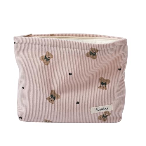 Süße kleine Make-up-Tasche aus weichem Cord mit Reißverschluss, Kosmetiktasche mit Bärenmuster für Damen und Mädchen, Kawaii-Reise-Kosmetiktasche, 01rosa von uekeboag
