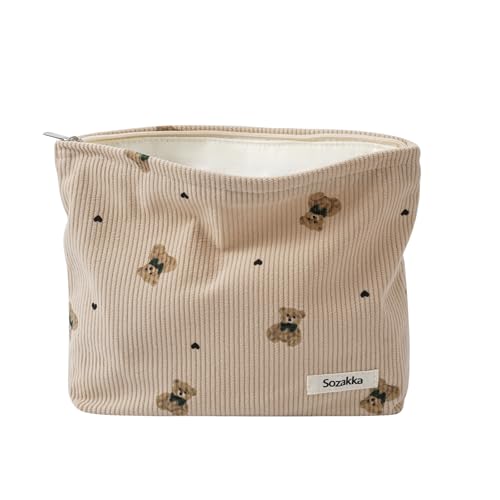 Süße kleine Make-up-Tasche aus weichem Cord mit Reißverschluss, Kosmetiktasche mit Bärenmuster für Damen und Mädchen, Kawaii-Reise-Kosmetiktasche, 04Light Taupe von uekeboag