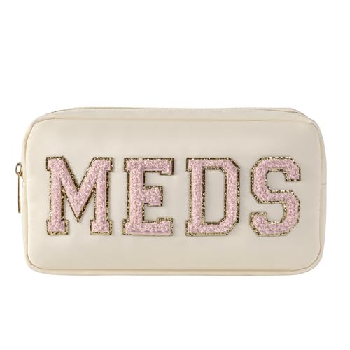 uekeboag MEDS Nylon Make-up Tasche mit Patch Chenille mit Reißverschluss Vitamin Aufbewahrungstasche für Frauen Mädchen (02Beige-Rose) von uekeboag