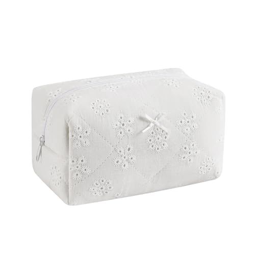 uekeboag Niedliche Make-up-Tasche mit gesticktem Blumenmuster, kokett, gesteppt, mit Reißverschluss, Blumenmuster, für Damen und Mädchen, 01 Weiße Blume von uekeboag