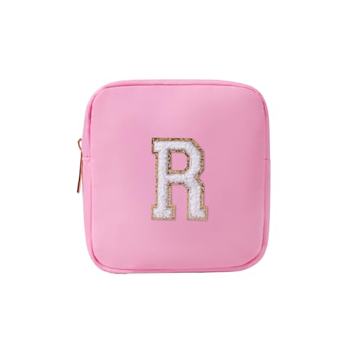 uekeboag Personalisierte Initiale Nette Rosa Make-up Tasche Monogrammiert Geburtstagsgeschenk für Frauen und Mädchen, Chenille Brief Preppy Kosmetiktasche mit Reißverschluss Wasserdichte Nylon Reise von uekeboag