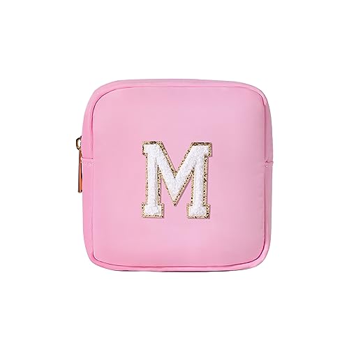 uekeboag Personalisierte Initiale Nette Rosa Make-up Tasche Monogrammiert Geburtstagsgeschenk für Frauen und Mädchen, Chenille Brief Preppy Kosmetiktasche mit Reißverschluss Wasserdichte Nylon Reise von uekeboag