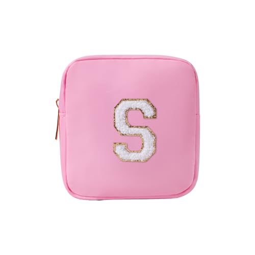 uekeboag Personalisierte Initiale Nette Rosa Make-up Tasche Monogrammiert Geburtstagsgeschenk für Frauen und Mädchen, Chenille Brief Preppy Kosmetiktasche mit Reißverschluss Wasserdichte Nylon Reise von uekeboag