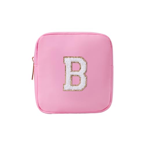 uekeboag Personalisierte Initiale Nette Rosa Make-up Tasche Monogrammiert Geburtstagsgeschenk für Frauen und Mädchen, Chenille Brief Preppy Kosmetiktasche mit Reißverschluss Wasserdichte Nylon Reise von uekeboag