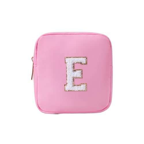 uekeboag Personalisierte Initiale Nette Rosa Make-up Tasche Monogrammiert Geburtstagsgeschenk für Frauen und Mädchen, Chenille Brief Preppy Kosmetiktasche mit Reißverschluss Wasserdichte Nylon Reise von uekeboag