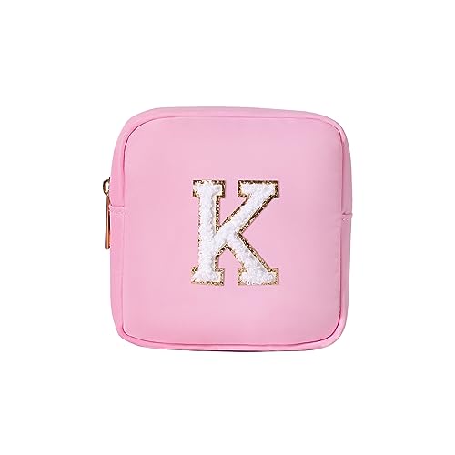 uekeboag Personalisierte Initiale Nette Rosa Make-up Tasche Monogrammiert Geburtstagsgeschenk für Frauen und Mädchen, Chenille Brief Preppy Kosmetiktasche mit Reißverschluss Wasserdichte Nylon Reise von uekeboag