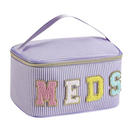 uekeboag Personalisierte Make-up-Tasche aus Chenille, Motiv: Seersucker MEDS, große Größe, Medizin RX-Kosmetiktasche mit Tragegriff oben, Reise-Organizer-Tasche für Damen und Mädchen, 03lila von uekeboag