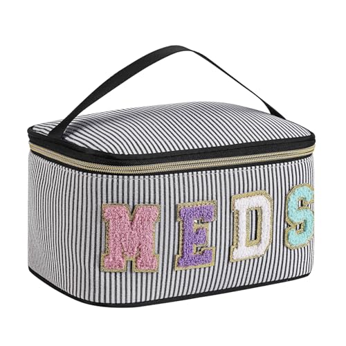uekeboag Personalisierte Make-up-Tasche aus Chenille, Motiv: Seersucker MEDS, große Größe, Medizin RX-Kosmetiktasche mit Tragegriff oben, Reise-Organizer-Tasche für Damen und Mädchen, 04black von uekeboag