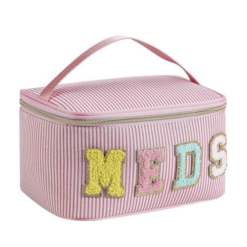 uekeboag Personalisierte Make-up-Tasche aus Chenille, Motiv: Seersucker MEDS, große Größe, Medizin RX-Kosmetiktasche mit Tragegriff oben, Reise-Organizer-Tasche für Damen und Mädchen, 05pink von uekeboag