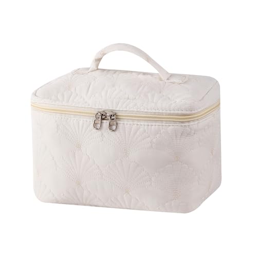uekeboag Weiße gesteppte Make-up-Tasche aus Baumwolle, Kokette, gesteppt, Kulturbeutel für Damen und Mädchen, Blumen-Kokette-Organizer, ästhetische Reise-Kosmetiktasche, Weiße Muscheltasche von uekeboag