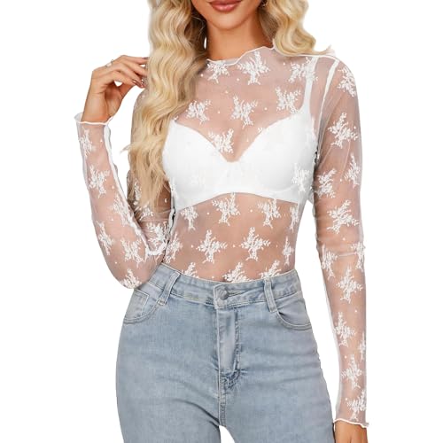 Damen Netzoberteil Spitzen Top Mesh Langarmshirt Durchsichtiges Oberteil Damen Rundhalsausschnitt Mesh Shirt Print Langarm Weiß Bluse Sheer Mesh Bluse von ueslwser