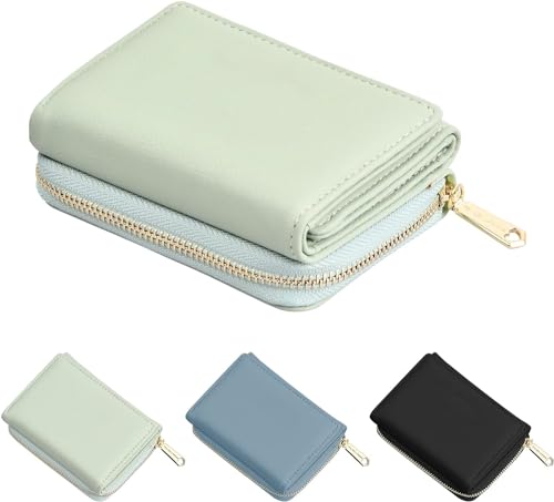 Geldbeutel Damen Mini Geldbörse Damen Leder Kleines Portemonnaie Gross Kapazität Geldbeutel Klein Geldtasche Damengeldbörsen Geldtasche klein Damen mit Große Kapazität Viele Fächer (Hellgrün) von ueslwser