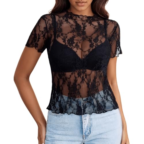 ueslwser Damen Netzoberteil Durchsichtige Schwarze Bluse Netzoberteil Damen Spitze Kurze Ärmel Print Rundhalsausschnitt Mesh Top Transparent Shirt Frauen (S) von ueslwser