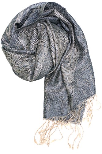 ufash Pashmina 100% Seidenschal aus Indien für Damen & Herren, Paisley Muster, 160 x 35 cm - Schal aus reiner Seide, Grau 2 von ufash