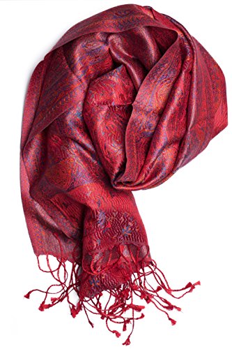 ufash Pashmina 100% Seidenschal aus Indien für Damen & Herren, Paisley Muster, 160 x 35 cm - Schal aus reiner Seide, Rot von ufash