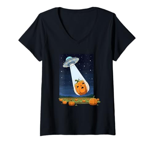 Damen Kürbisabduktion UFO im Feld T-Shirt mit V-Ausschnitt von ufo pumpkin patch jack o lantern abduction comic