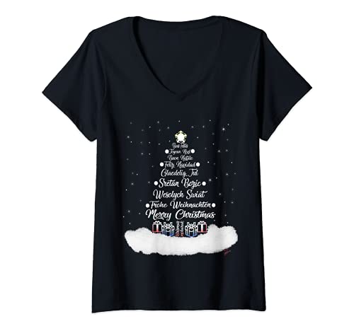 Damen Weihnachtspullover Frohe Weihnachten Sprachen Weihnachtsbaum T-Shirt mit V-Ausschnitt von ugly sweater Weihnachtspullover by Jean Olivier