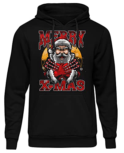 uglyshirt89 Merry X-Mas Herren Kapuzenpullover | Weihnachts Hoodie Herren - Xmas Pullover - Weihnachtsmann Pullover - Comic Hoodie Herren | Schwarz (XL) von uglyshirt89