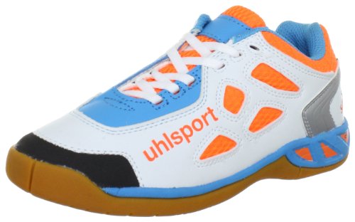 uhlsport Leon Junior 100830701, Unisex - Kinder Sportschuhe - Indoor, Orange (orange/flashblau/Weiss 01), EU 35 (UK 2.5) (US 3) von uhlsport