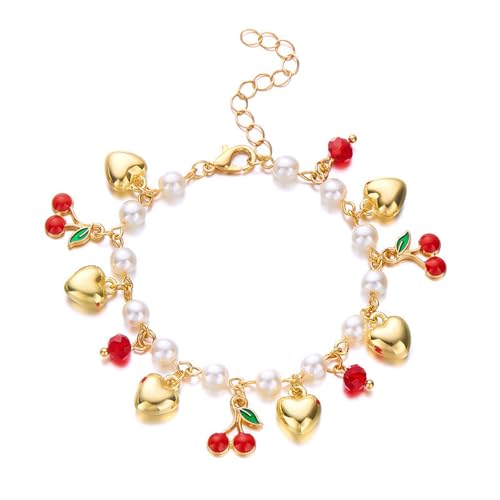 uikios 3D-Erdbeer-Kirschen-Herz-Perlenarmband für Damen, verstellbar, schöner Berufsschmuck, Statement-Stücke, 16.5+5cm, Metall uikios 3D-Erdbeer-Kirschen-Herz-Perlenarmband für Damen, verstellbar, schöner Berufsschmuck, Statement-Stücke, 16.5+5cm, Metall von uikios