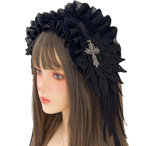uikios Gothic Haarschmuck mit weicher Spitze und Metallkreuzen Dekoration Gothic Spitze Haarband für Punk Styles Kopfschmuck von uikios