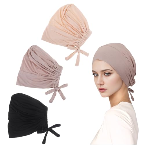 3 Stück Muslimische Unterschal Hijab Frauen Undercap Hijab Unterschal Hijab, Islamische Cap mit Tie Back Closure Solid Color Unter Schal Hijab Mütze Turban Kopfbedeckung Chemo Kopftuch Schlafmütze von uinnossvc