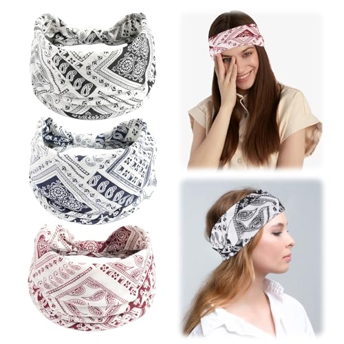 3 Stück Kopftücher für Damen, Boho, breite Streifen, Stirnbänder, Yoga, Sport, Haarbänder, Stirnbänder für Frauen, Damen-Haarbänder, breit, elastisch, weich, Boho-Stirnband, Druck, Laufen, Yoga, von uinnossvc