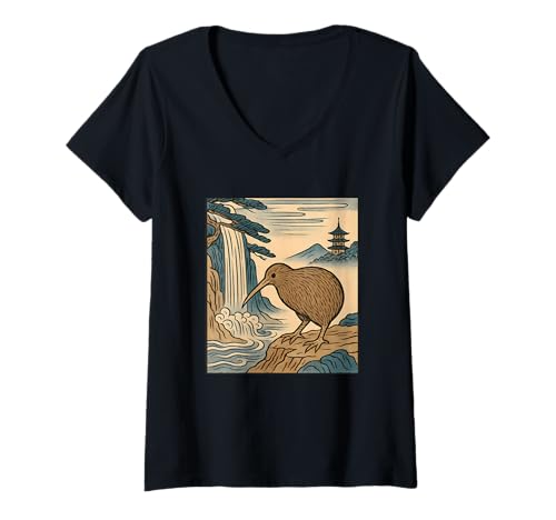 Damen Ukiyo e Kiwi Wasserfall Japan T-Shirt mit V-Ausschnitt Damen Ukiyo e Kiwi Wasserfall Japan T-Shirt mit V-Ausschnitt von ukiyo e kiwi waterfall print japanese art nz