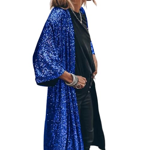 ulafbwur Mantel 44989 Ärmel Offene Naht Loose Fit Cardigan Mantel Damen Glänzende Pailletten Mittellang Cape Jacke Streetwear, Blau, M von ulafbwur