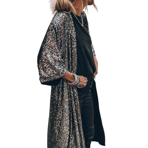 ulafbwur Mantel 44989 Ärmel Offene Naht Loose Fit Cardigan Mantel Damen Glänzende Pailletten Mittellang Cape Jacke Streetwear, Schwarz, Silber, M von ulafbwur