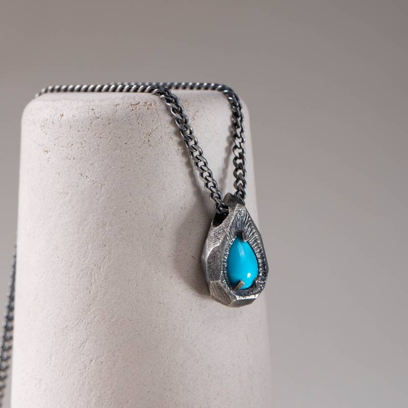 Männer Schmuck - Türkis Halskette Oxidiertes Silber Brutalist Unisex Teardrop Edelstein Anhänger Geburtstagsgeschenk Sn00045 von ulalajewels