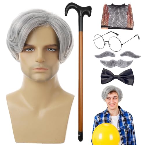 Perücke und Schnurrbart, Opa-Perücke, Opa-Perückenset | Opa Kostüm-Set 8-teilig/Set | Opa-Perücke, alte Männerperücke, Stockbrille, falsche Augenbrauen, Schnurrbart, Knoten von ulapithi