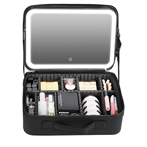 Schminkkoffer Mit Spiegel Und Lichtern Für Kosmetik 4K-Versilberung 3-farbigen Fülllichtern Make-up-Tasche Mit Pinsel-Organizer Kosmetiktasche Reise-Make-up-Kosmetiktasche Aufbewahrungstasche von ulapithi