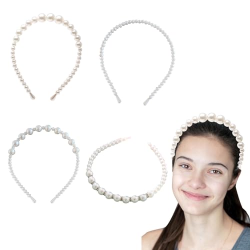 Weißes Perlen-Kopfstück, Perlen-Stirnband | Weiße künstliche Perlen-Strass-Haarbänder, 4 Stück | Elegante Hochzeits-Kopfbedeckung, Party-Haarschmuck, Kunstperlen-Strass-Haarbänder für Party, von ulapithi