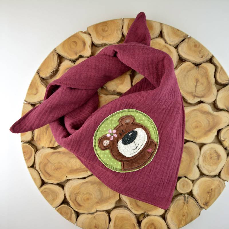2 Größen/Musselin Tuch Dreieckstuch Kinder Baby Tierapplikation Bär in Bordeauxrot Große Farbauswahl von ullinahandmade