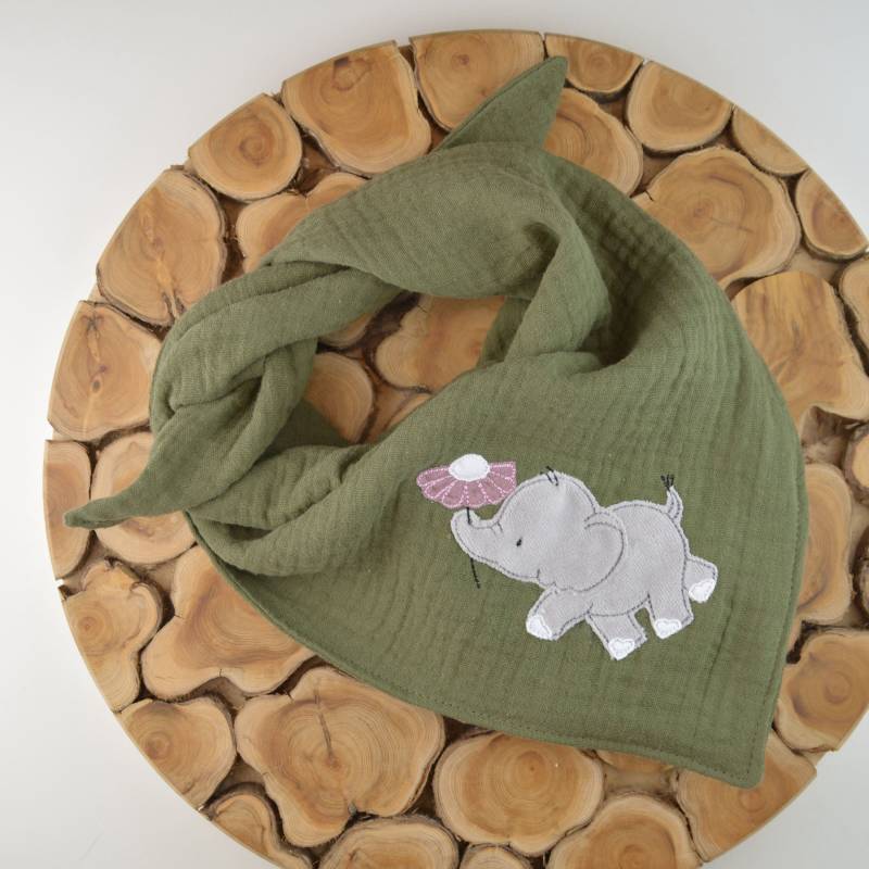 2 Größen/Musselin Tuch Dreieckstuch Kinder Baby Tierapplikation Elefant in Grün Halstuch Blume Große Farbauswahl von ullinahandmade