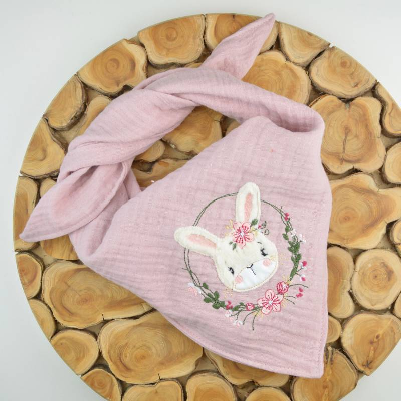 2 Größen/Musselin Tuch Dreieckstuch Kinder Baby Tierapplikation Hase in Hellrosa Halstuch Große Farbauswahl von ullinahandmade