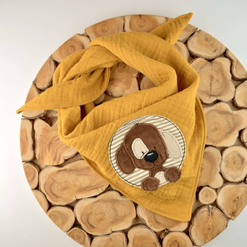 2 Größen/Musselin Tuch Dreieckstuch Kinder Baby Tierapplikation Hund in Senfgelb Gelb Große Farbauswahl von ullinahandmade