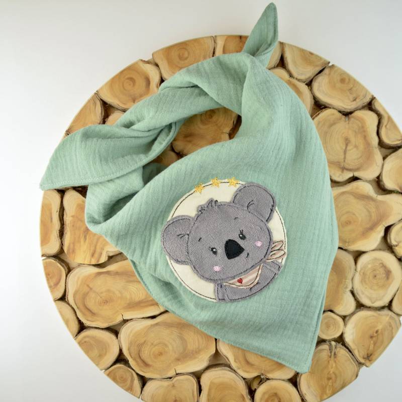 2 Größen/Musselin Tuch Dreieckstuch Kinder Baby Tierapplikation Koala in Blassgrün Mint Große Farbauswahl von ullinahandmade